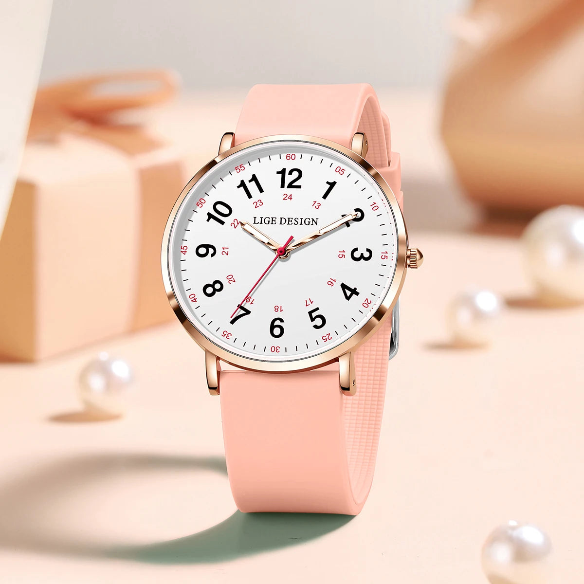 Women's Arabic Numeral Silicone Quartz Watch — Pink silicone watch front view — BandsCo Straps