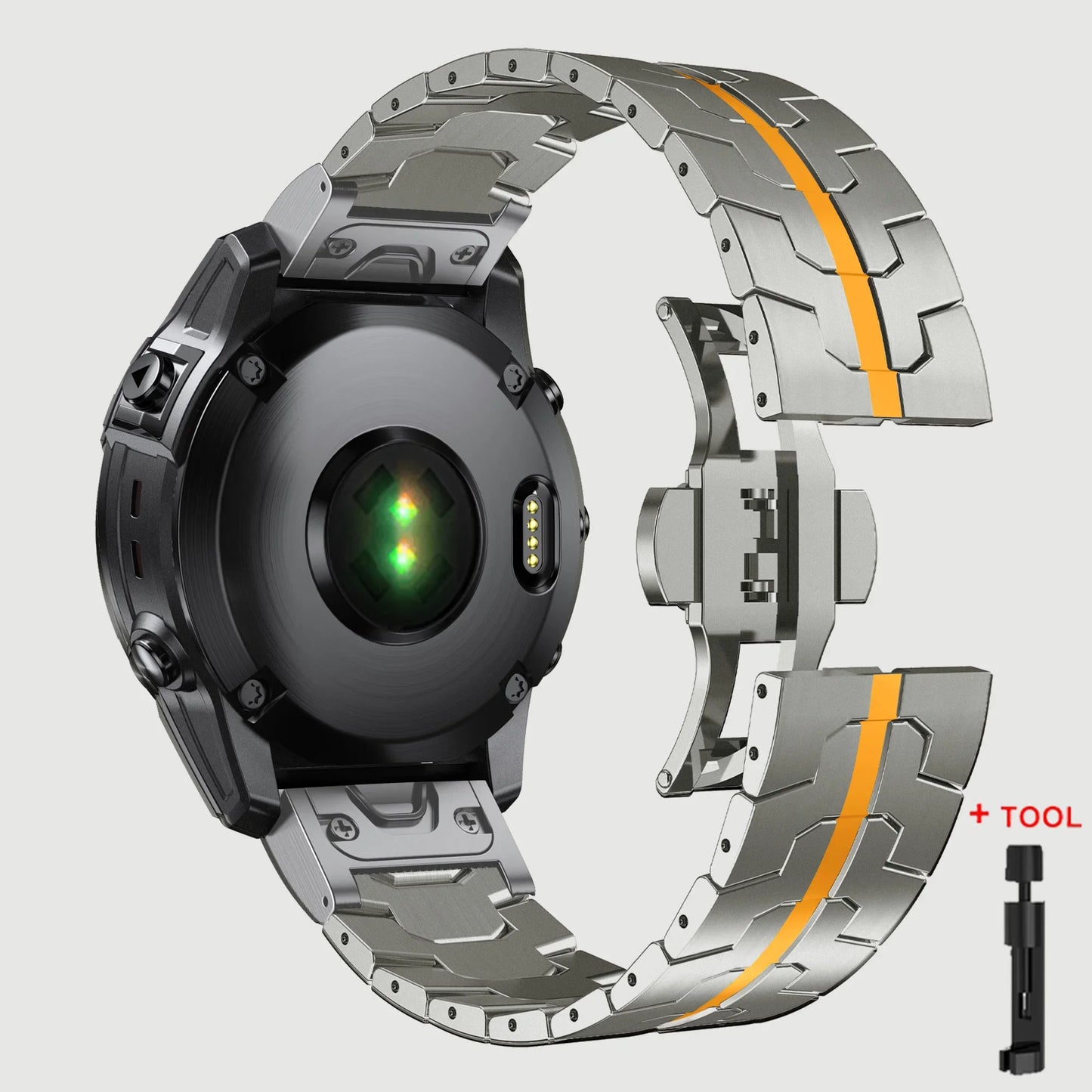 Garmin QuickFit stainless steel watch strap showcasing durability and style with included tool for easy installation.