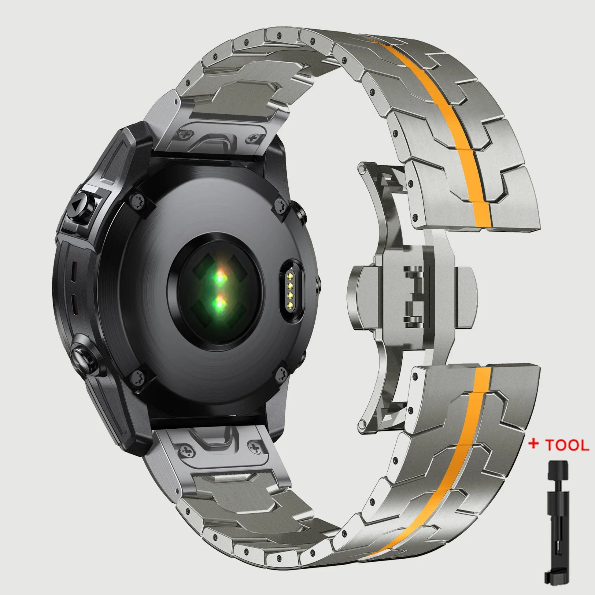 Garmin QuickFit stainless steel watch strap showcasing durability and style with included tool for easy installation.