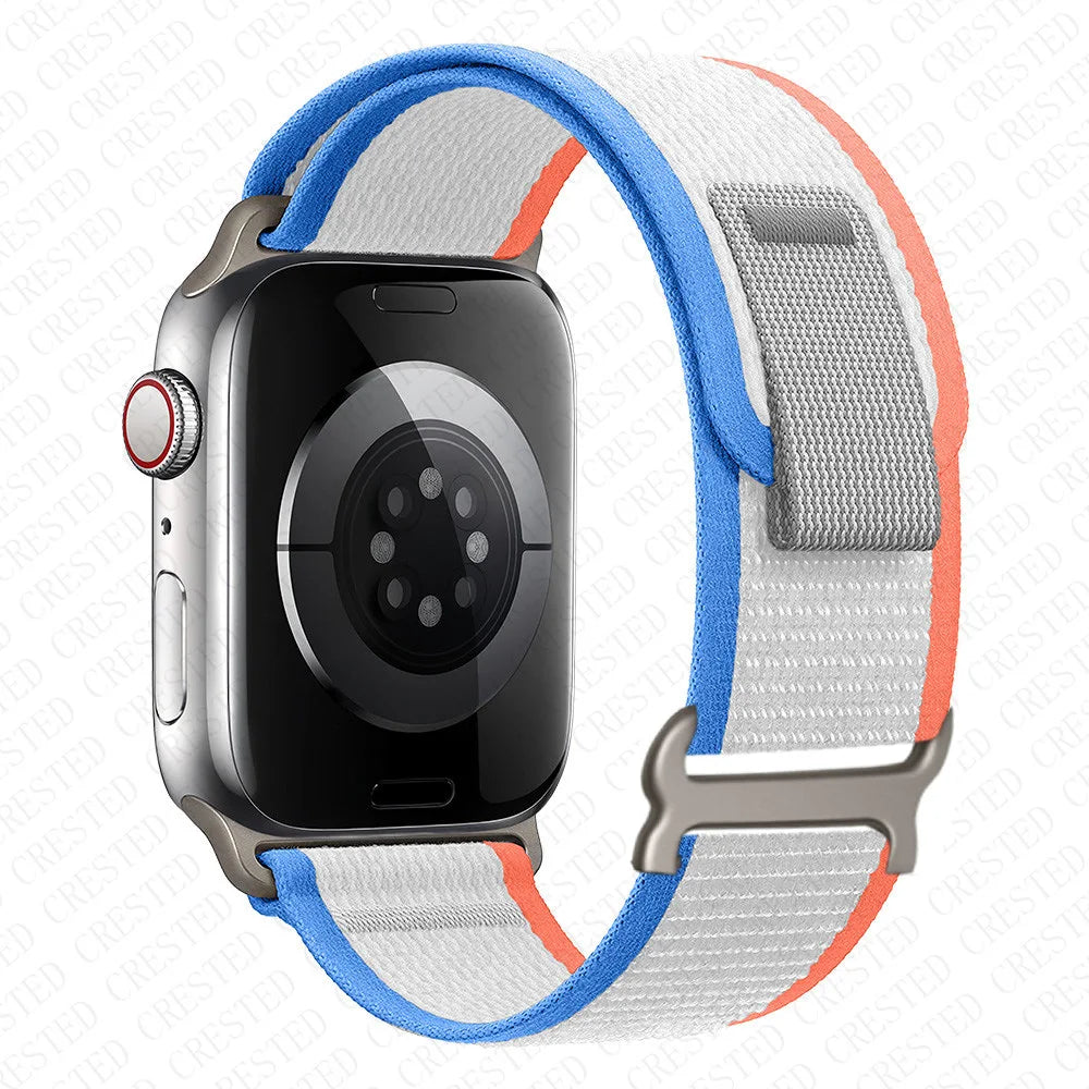 Apple Watch Trail Loop Nylon strap in blue and white, designed for durability and comfort for active lifestyles.