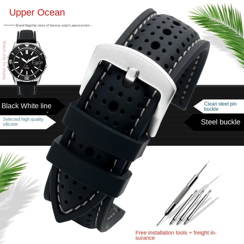 COROS Perforated Silicone Band with Contrast Stitching – Black / White Stitching / Silver Buckle
