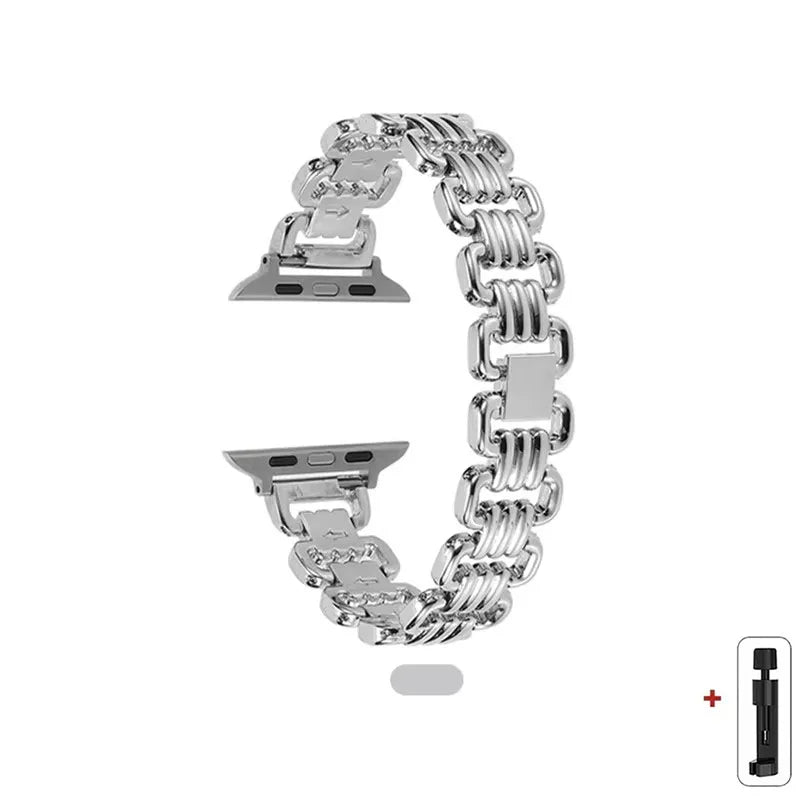 Sleek silver Apple Watch metal band with luxury chain design, adjustable for a comfortable fit.