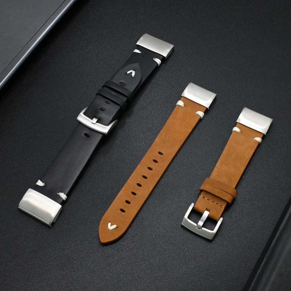 Stylish Garmin leather soft straps in black and brown, perfect replacement bands for Garmin smartwatches.