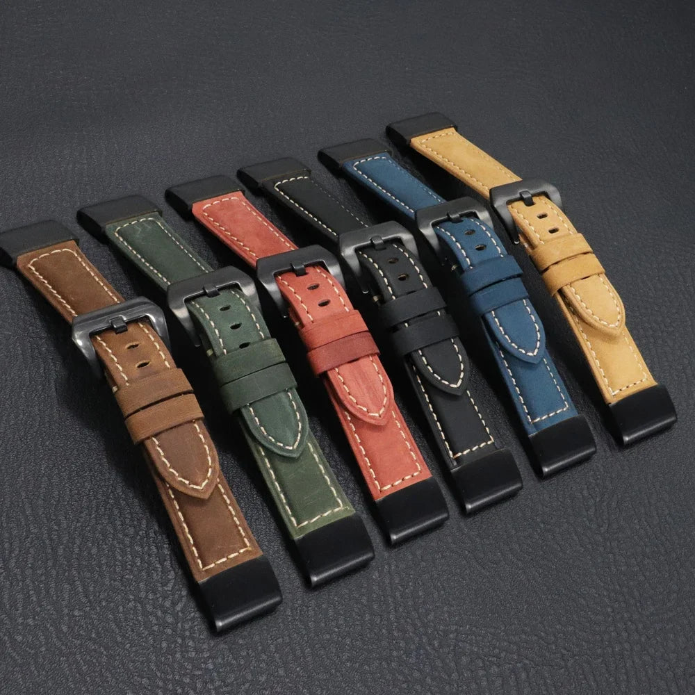 Garmin QuickFit Stitched Leather Buckle Band six leather colors laid flat