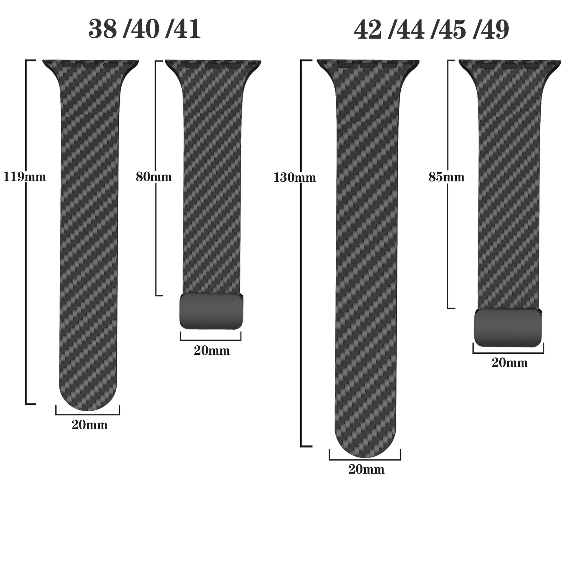 Dimensions of Apple Watch silicone strap sizes: 38/40/41 and 42/44/45/49, showcasing a durable black design.