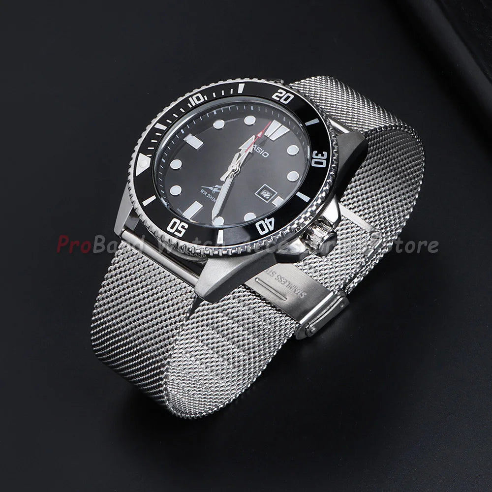 Milanese Mesh Sliding Clasp Band in silver on a dive watch