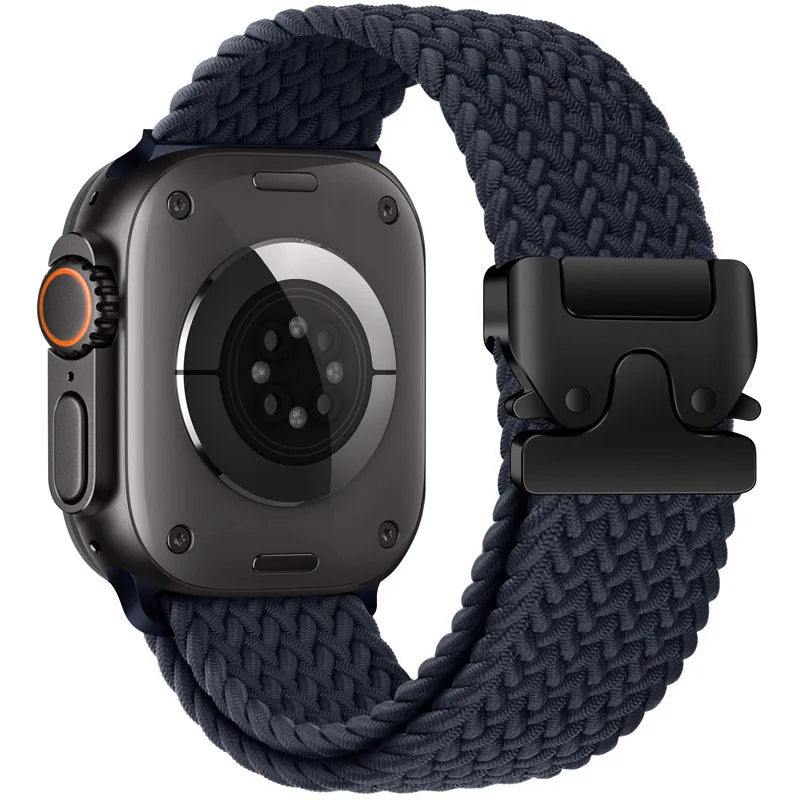 Apple Watch with braided nylon Parachute Strap, showcasing a breathable and durable design.