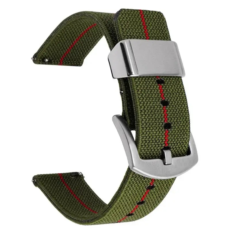 Nylon Band with Wide Metal Keeper in Army Green / Red Stripe for compatible Huawei watches