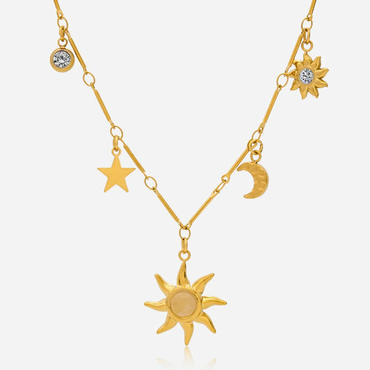 Simulated Moonstone Sun and Star Necklace, Gold-Tone Stainless Steel, photo 1