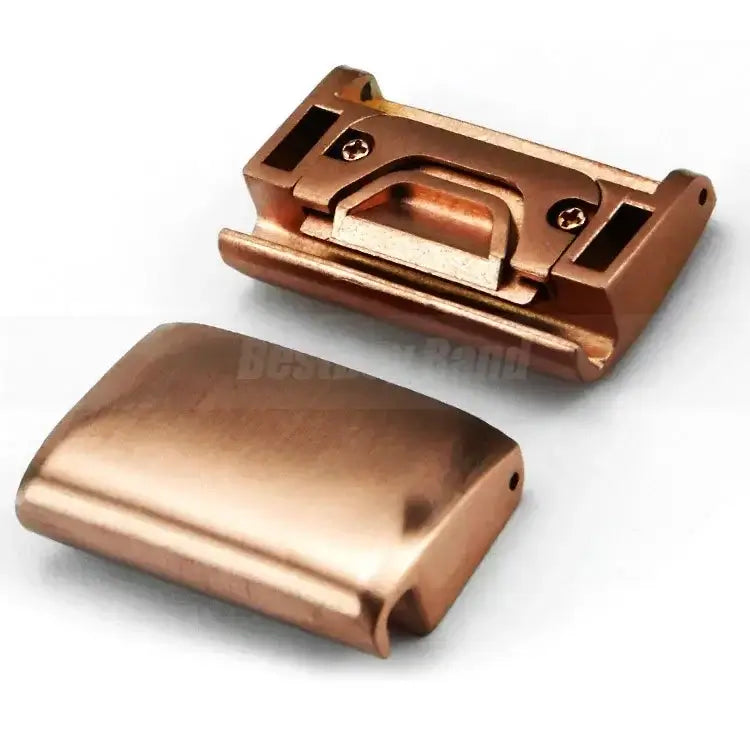 QuickFit stainless steel connectors for Garmin smartwatch in sleek bronze finish, enhancing wearable style and functionality.