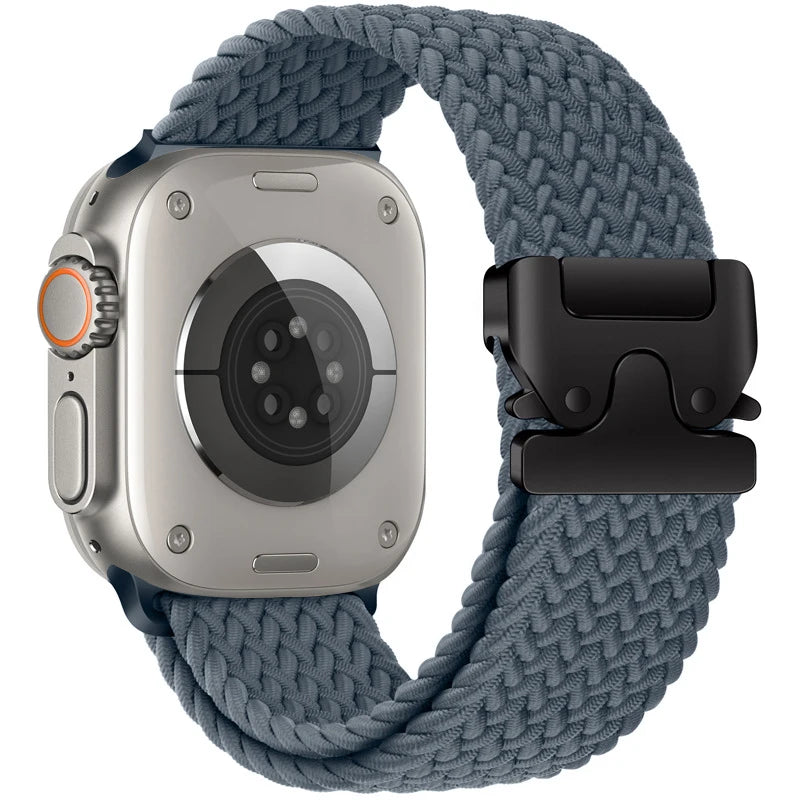 Apple Watch with braided nylon parachute strap in gray, featuring a durable and breathable design for comfort and style.