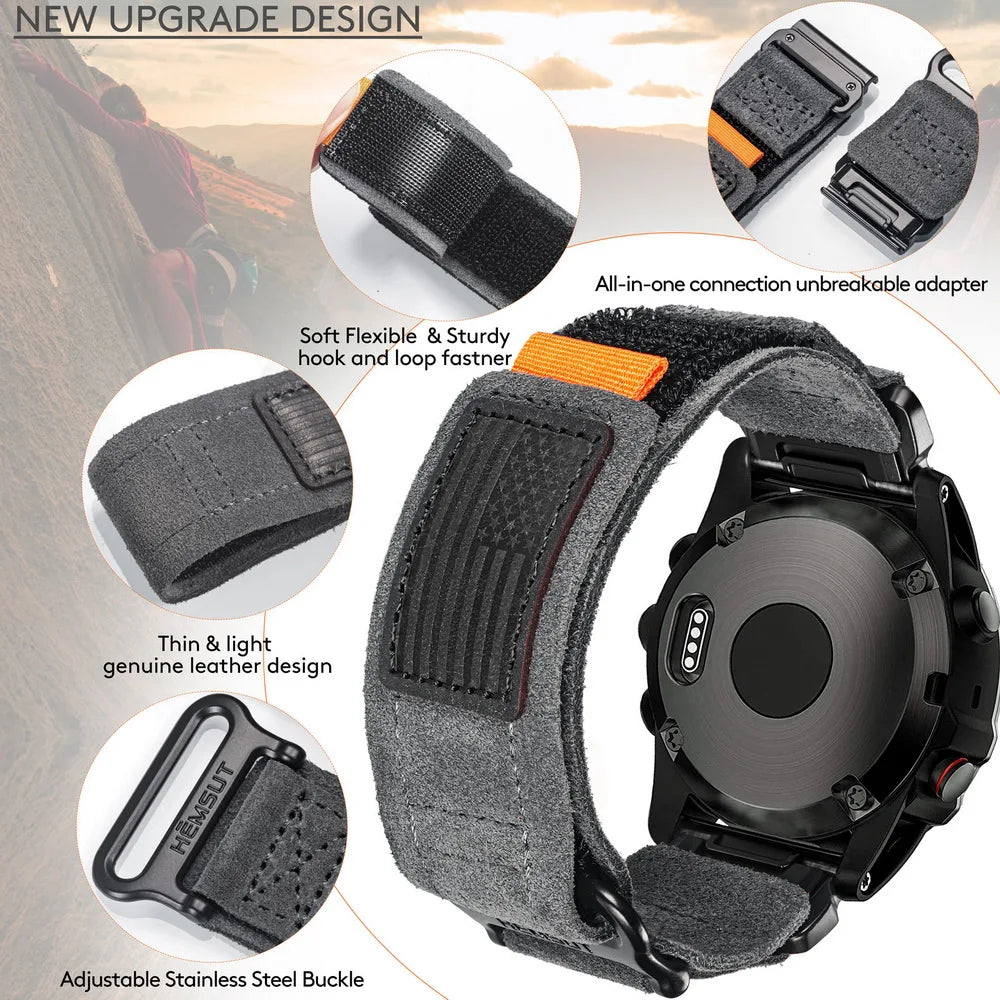Garmin QuickFit Leather Hook-and-Loop Band leather texture, hook-and-loop fastening and connector details