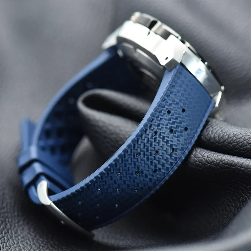 Motorola Moto Tropic-Style Perforated Rubber Band — Navy blue crosshatched strap close-up