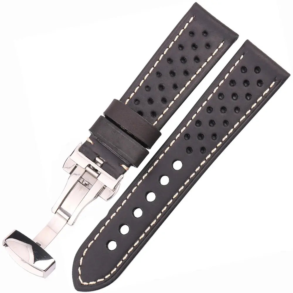 Perforated Leather Folding-Clasp Band in Black for compatible Huawei watches