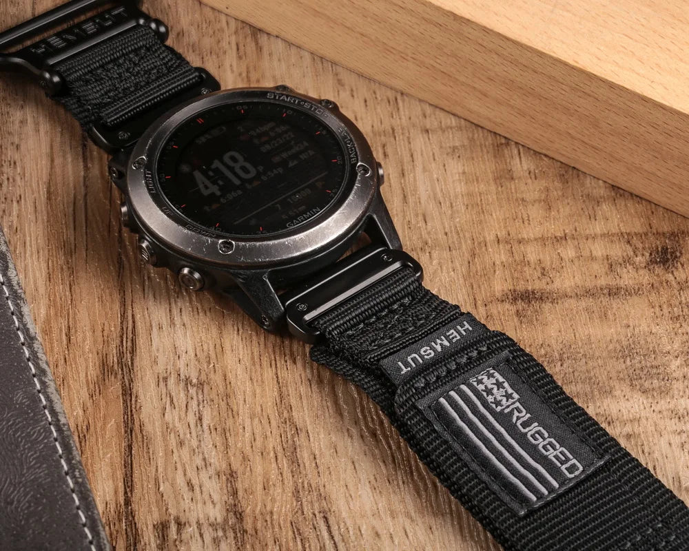 Garmin QuickFit Loop Band - Nylon and Leather Styles black nylon loop band shown on a watch