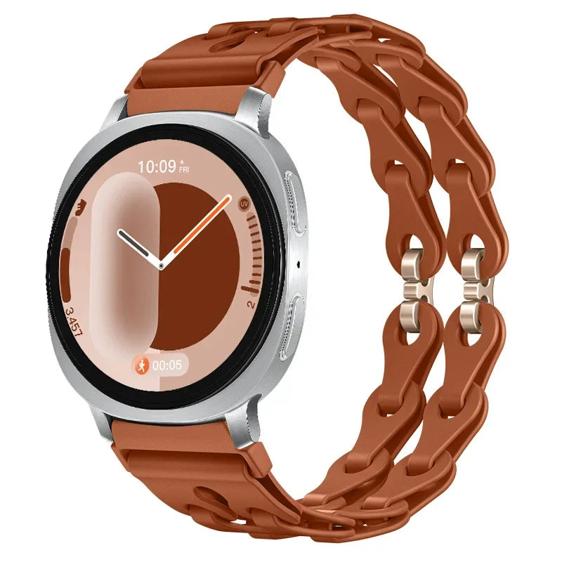 Samsung Galaxy Silicone Chain Watch Band – Watch8/Watch8 Classic/Watch9/Ultra/Ultra2 Multi in brown on smartwatch.