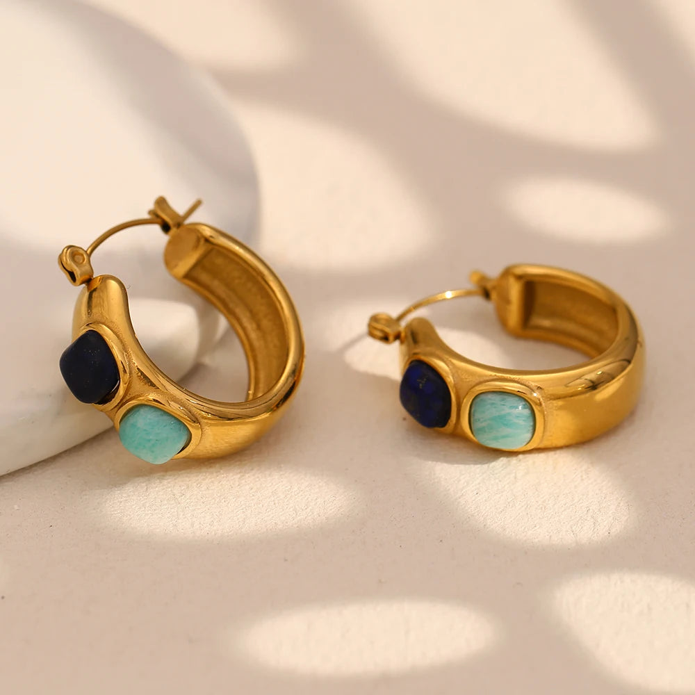 Lapis lazuli and turquoise hoop earrings, gold-tone stainless steel