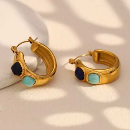 Lapis lazuli and turquoise hoop earrings, gold-tone stainless steel