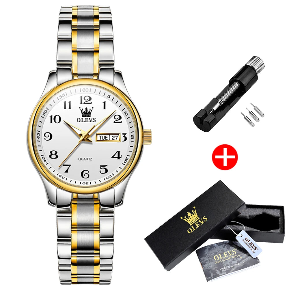 Women's Arabic Numeral Day-Date Bracelet Watch — Two Tone / White Dial — BandsCo Straps