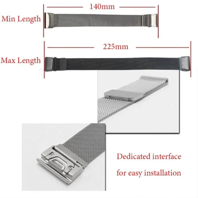Garmin Metal Milanese band showing adjustable lengths of 140mm to 225mm and a dedicated interface for easy installation.