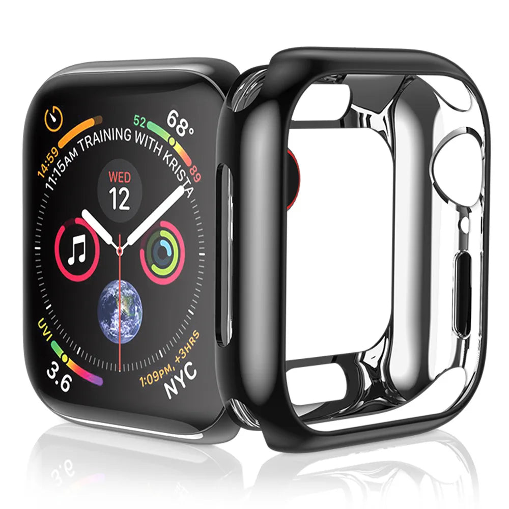 Black case surround beside a watch for Apple Watch