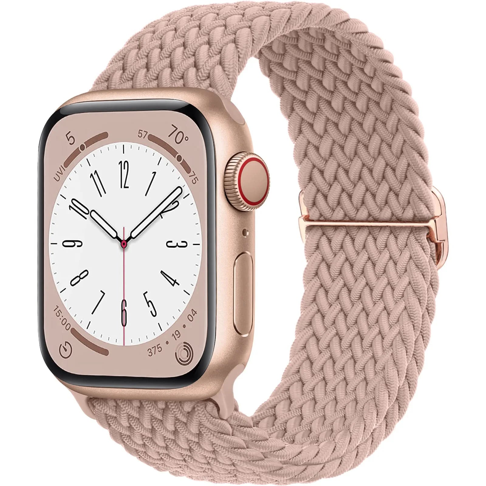 Apple Watch with braided soft elastic nylon strap in blush pink, showcasing a stylish and comfortable design.