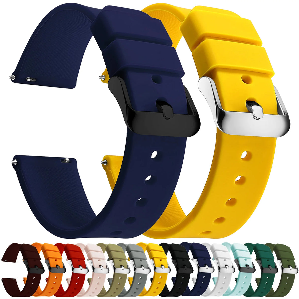 Curved-End Silicone Band in navy blue and yellow with color swatches
