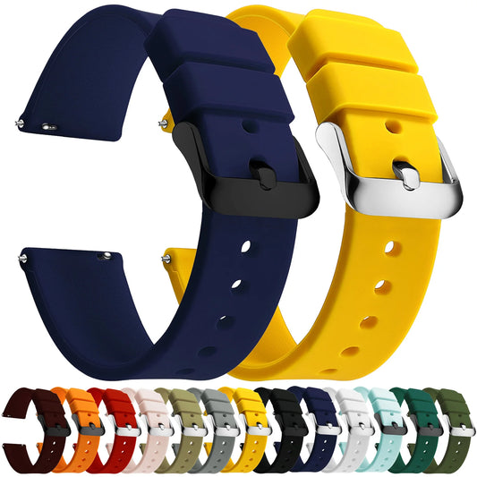 Curved-End Silicone Band in navy blue and yellow with color swatches