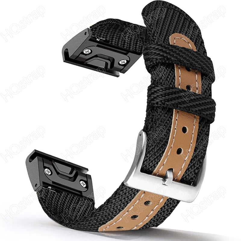 Garmin sport nylon strap in black with durable quickfit design for smartwatches, ideal replacement band.