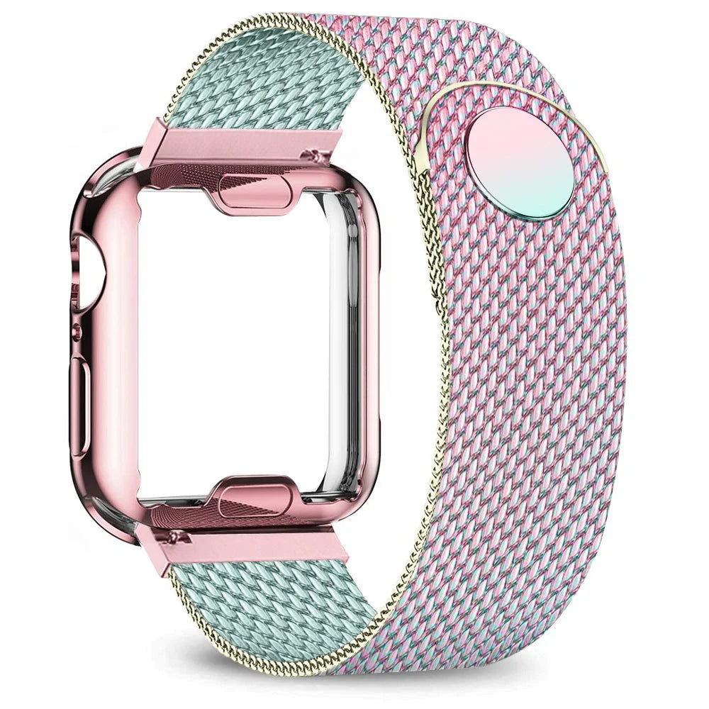 Iridescent mesh band and pink case surround for Apple Watch