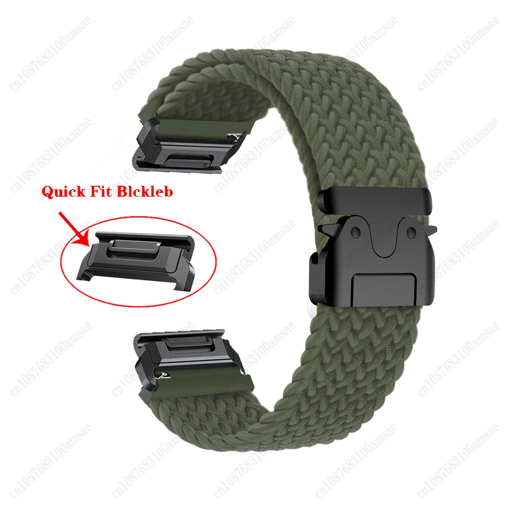 Garmin braided nylon strap in olive green with QuickFit buckle for smartwatch replacement band.