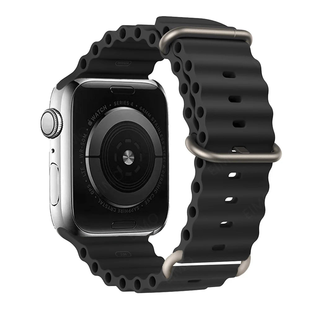 Black silicone strap for Apple Watch, waterproof and breathable, perfect for active lifestyles.