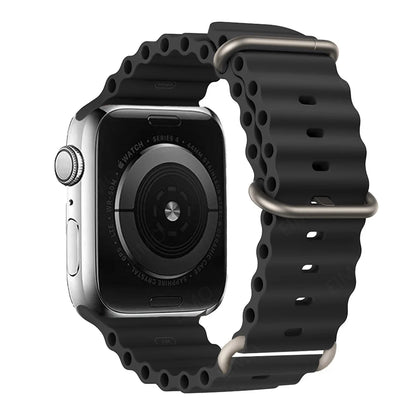 Black silicone strap for Apple Watch, waterproof and breathable, perfect for active lifestyles.