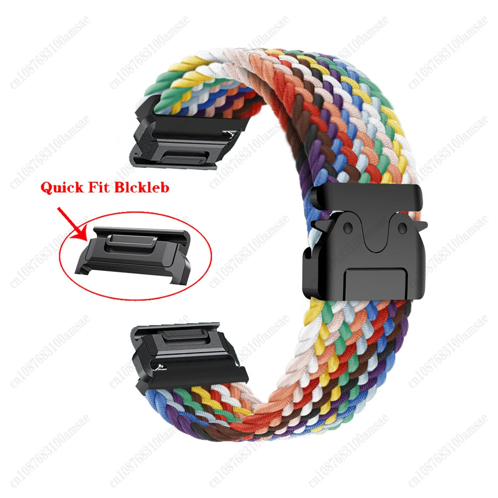 Garmin braided nylon strap in colorful design, featuring quick fit clasp, ideal for smartwatch replacement bands.