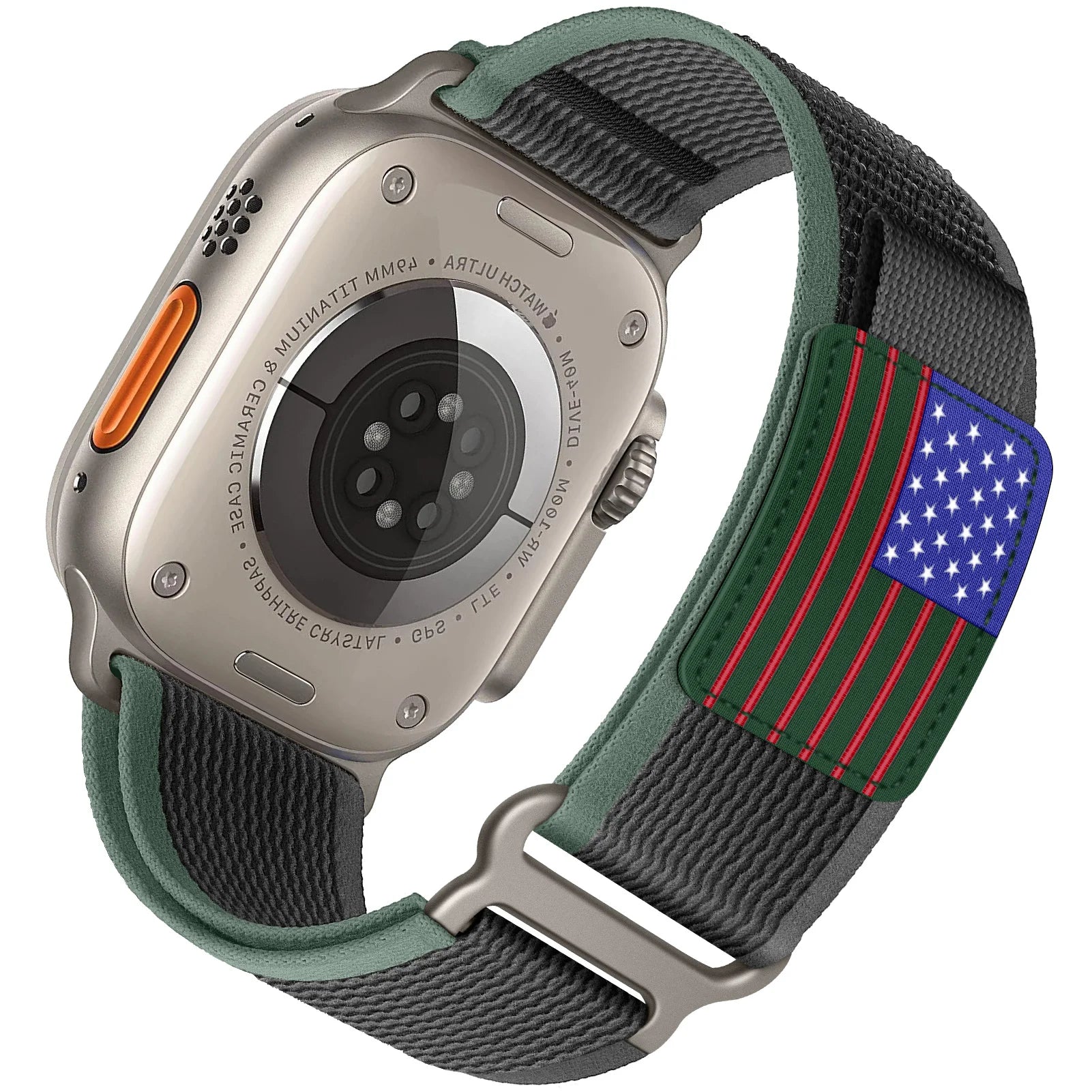Apple Watch Nylon Band Rugged Trail Loop with adjustable fit and durable design, featuring American flag detail.