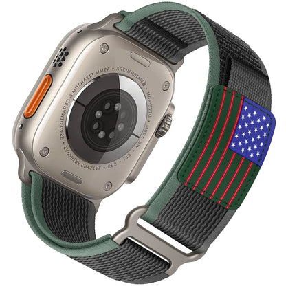 Apple Watch Nylon Band Rugged Trail Loop with adjustable fit and durable design, featuring American flag detail.