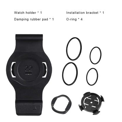 Garmin smartwatch bike mount components including watch holder, rubber pad, installation bracket, and O-rings.