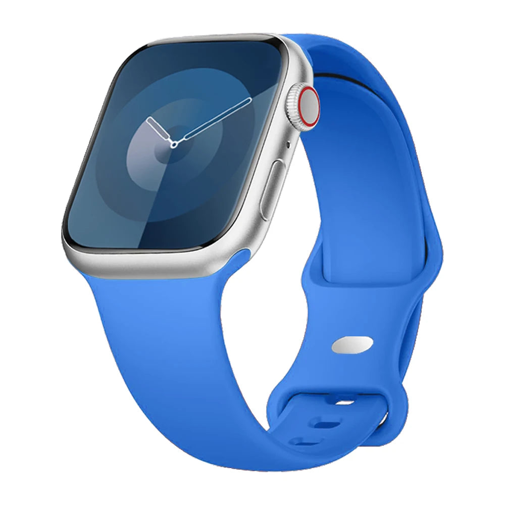 Apple Watch with blue silicone strap, featuring a waterproof design for comfort and active lifestyles.