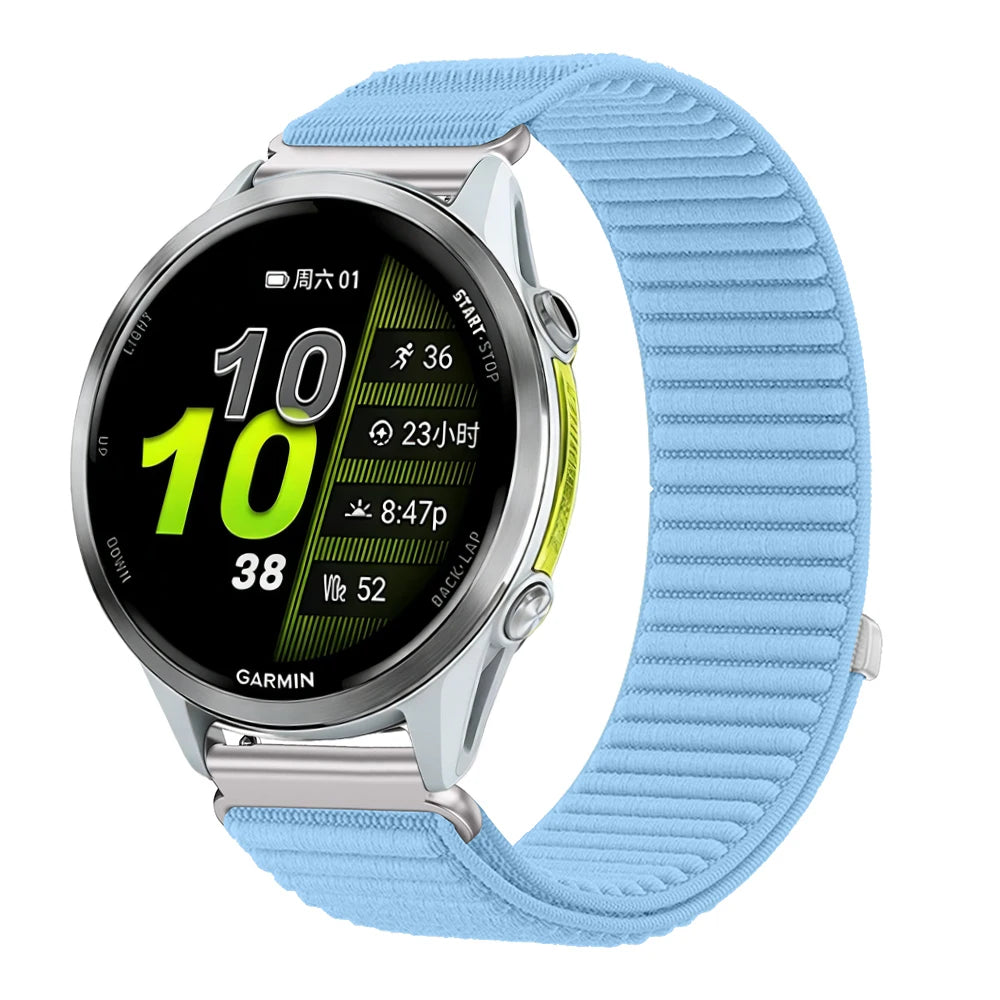 OnePlus Smartwatch Nylon Band Adjustable Breathable Sport Watch Strap on a smartwatch display with a light blue band.