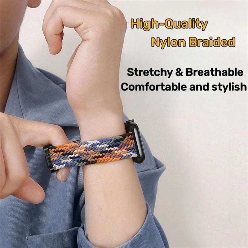 Multicolor braided nylon band stretched on a wrist for Apple Watch