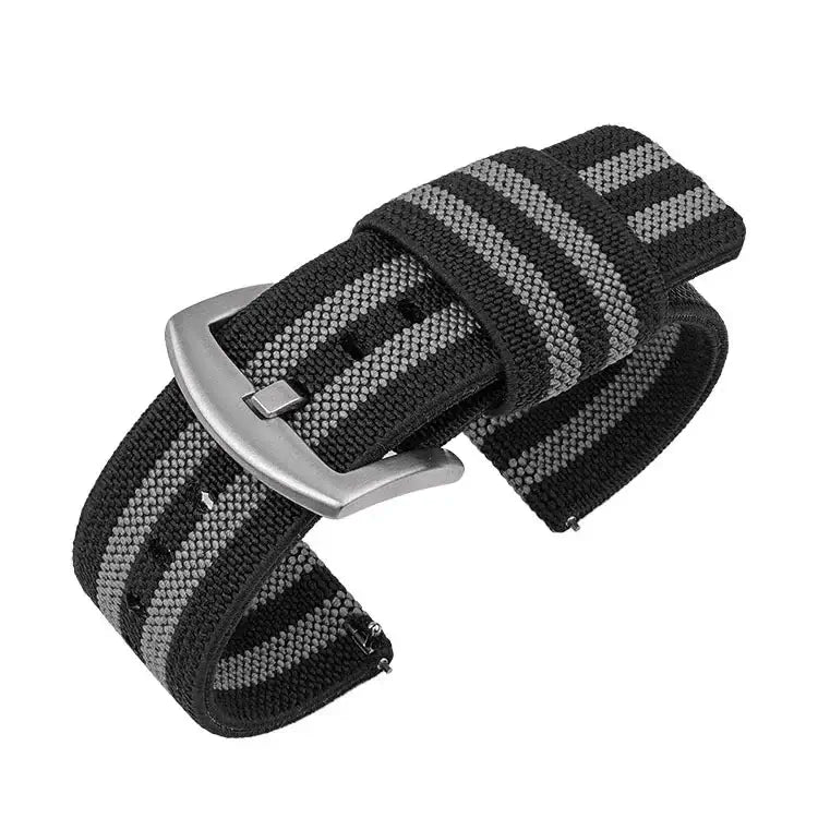 TicWatch Woven Nylon Band with Fabric Keepers - Black / Gray Stripes / Silver Buckle