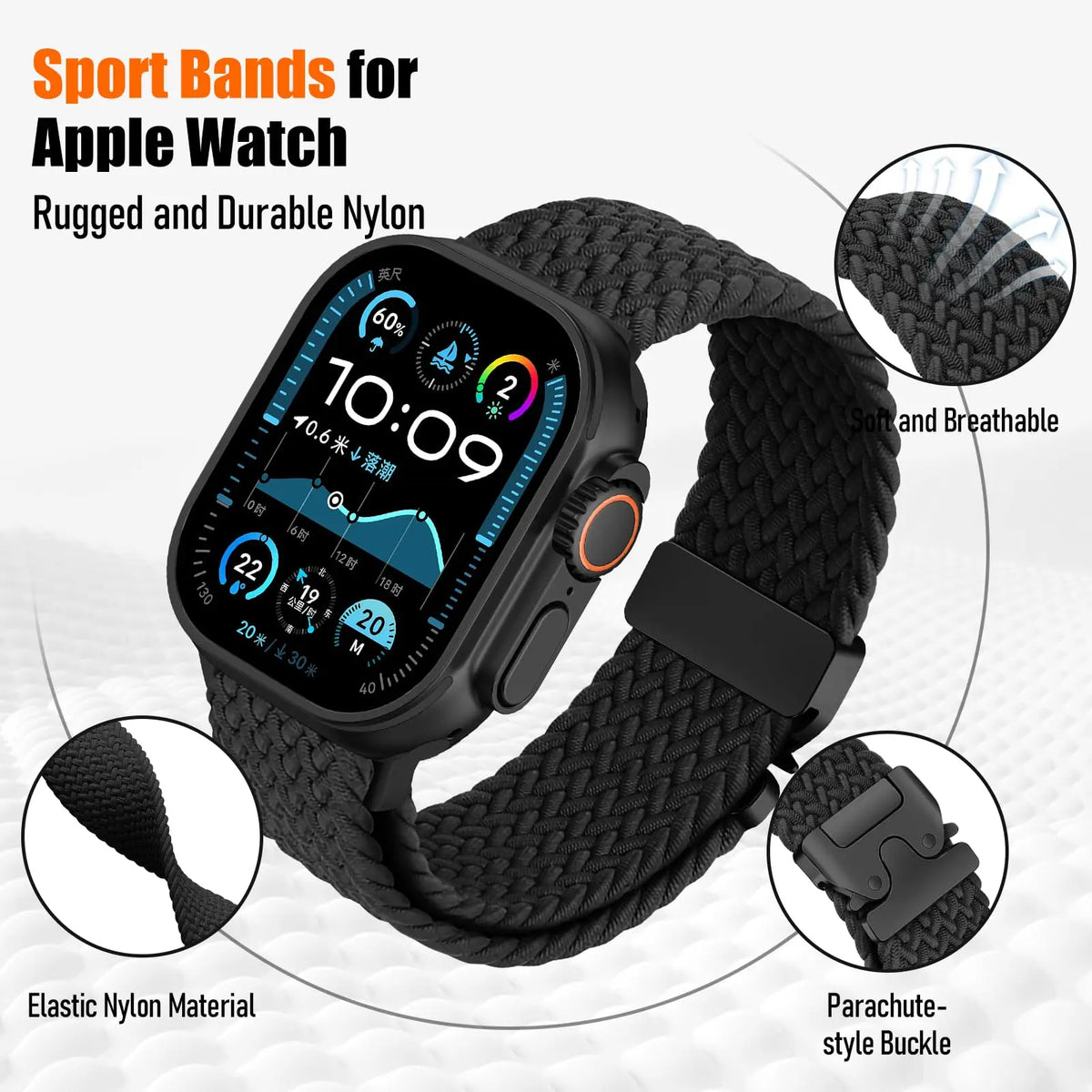 Black braided Apple Watch band showing fabric and buckle details