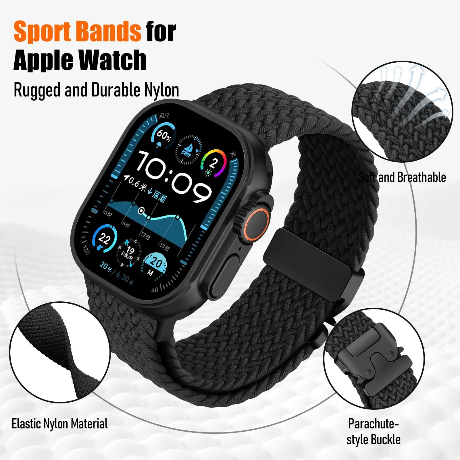 Apple Watch sport band in braided nylon, showcasing breathable design and durable elastic material for comfort and style.