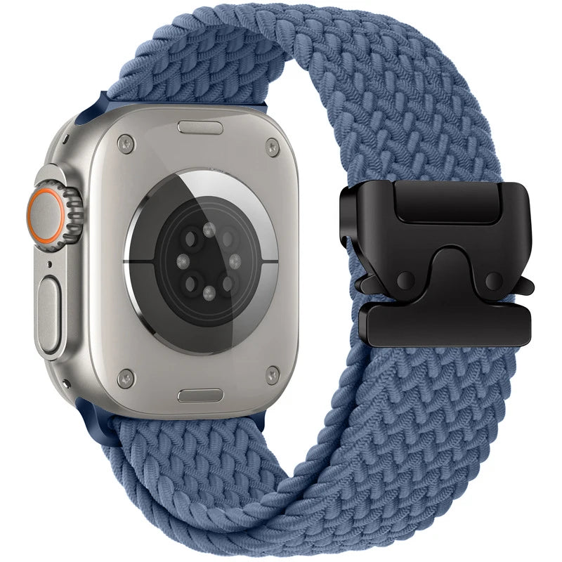 Apple Watch with blue braided nylon parachute strap, showcasing breathable and durable design for comfort and style.