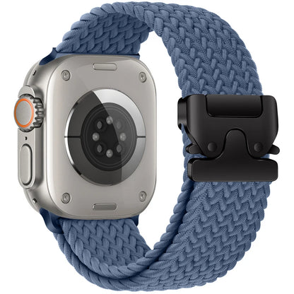 Apple Watch with blue braided nylon parachute strap, showcasing breathable and durable design for comfort and style.