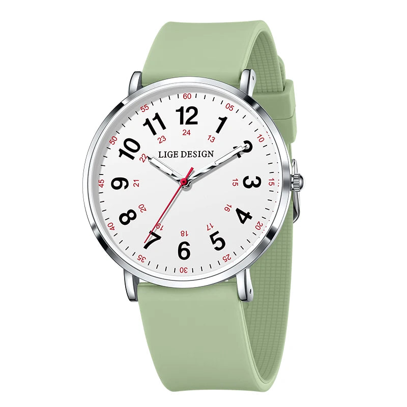 Women's Arabic Numeral Silicone Quartz Watch — Green / Silver Tone / White Dial — BandsCo Straps