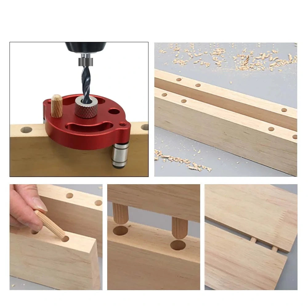 Self-centering dowel jig drilling straight dowel holes in a board edge
