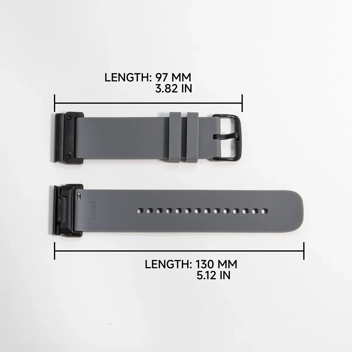 Garmin silicone watch strap displayed with length measurements of 97 mm and 130 mm, featuring a flexible design.