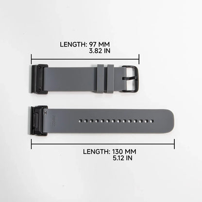 Garmin silicone watch strap displayed with length measurements of 97 mm and 130 mm, featuring a flexible design.