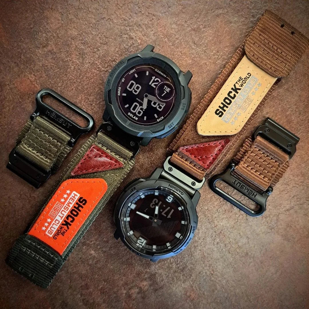 Garmin 26mm Nylon Band with Graphic Patch brown and olive graphic-patch bands shown on watches